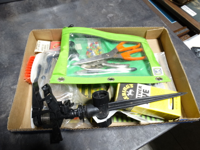 lot 6590 image: Lot with 3pc detail brushs, goggles, isolating drive hook, scissors, hand held hole punch and more.