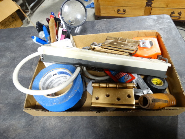 lot 6597 image: Lot with brackets, extension cord, magnafying glass, pens, tape measure, painters tape and more.