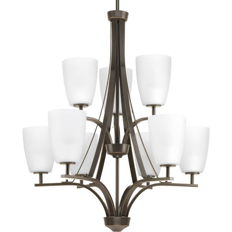 lot 5650 image: Progress Lighting Leap Collection 9 -Light Antique Bronze Chandelier with Etched Glass Shade