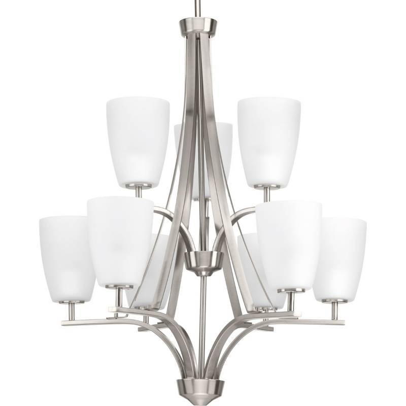 lot 5651 image: Progress Lighting Leap Collection 9 -Light Brushed Nickel Chandelier with Etched Glass Shade