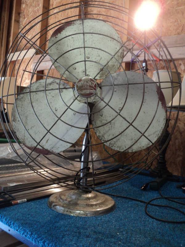 lot 8684 image: Vintage Northwest Metal Pedestal Fan, 46 diammeter, Fan is used- it does not work will need to be re-wired