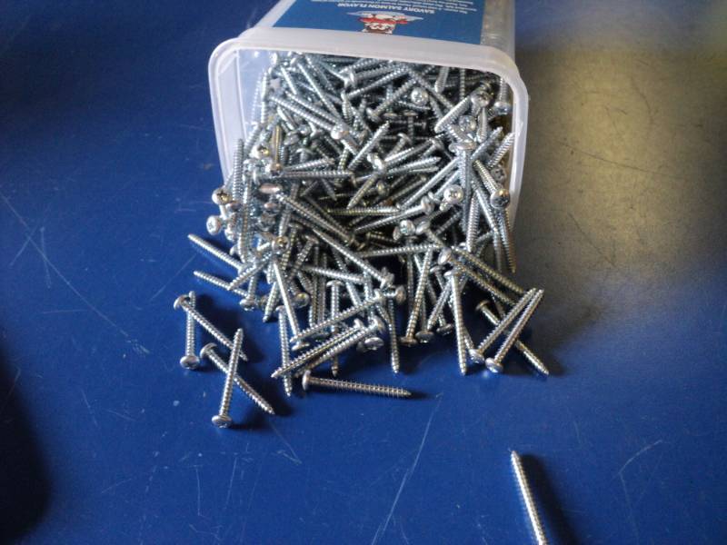 lot 8809 image: 5 lbs screws in plastic container, 14 diameter head x 1-34 long