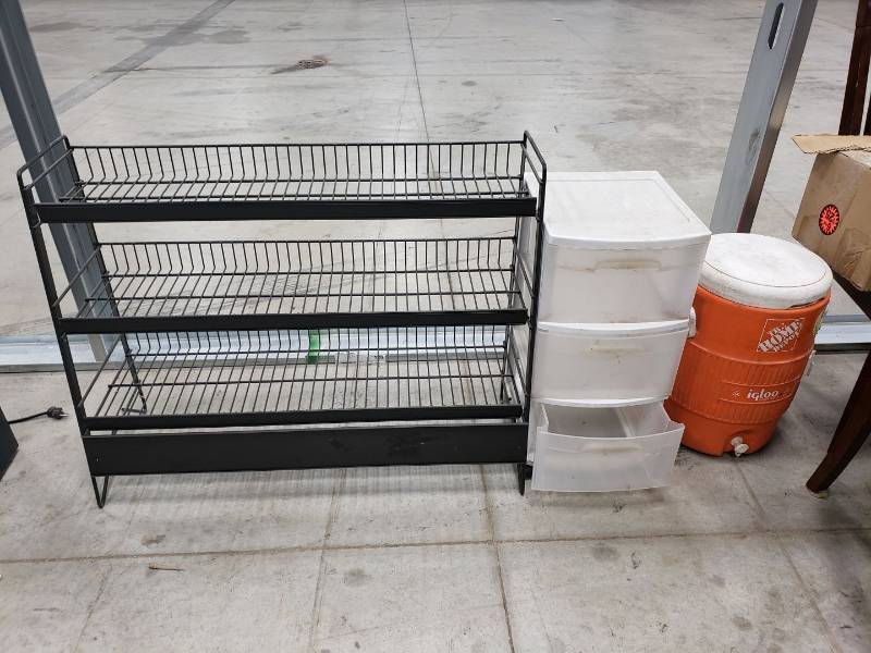 lot 8821 image: Metal rack, plastic storage, and drink cooler