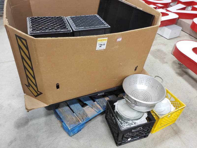 lot 8855 image: Collander, plates and milk crates