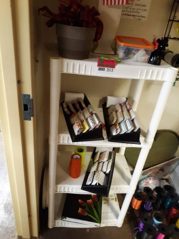 lot 2513 image: Plastic Shelves with 4 shelves Including Contents