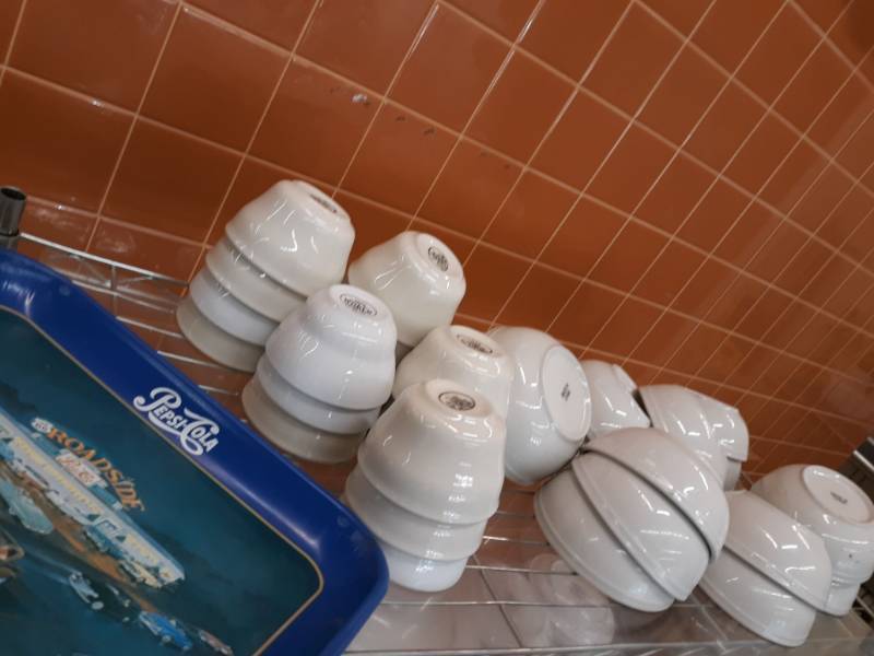 lot 2544 image: White Ceramic Bowls and Cups, Pepsi Tin Tray