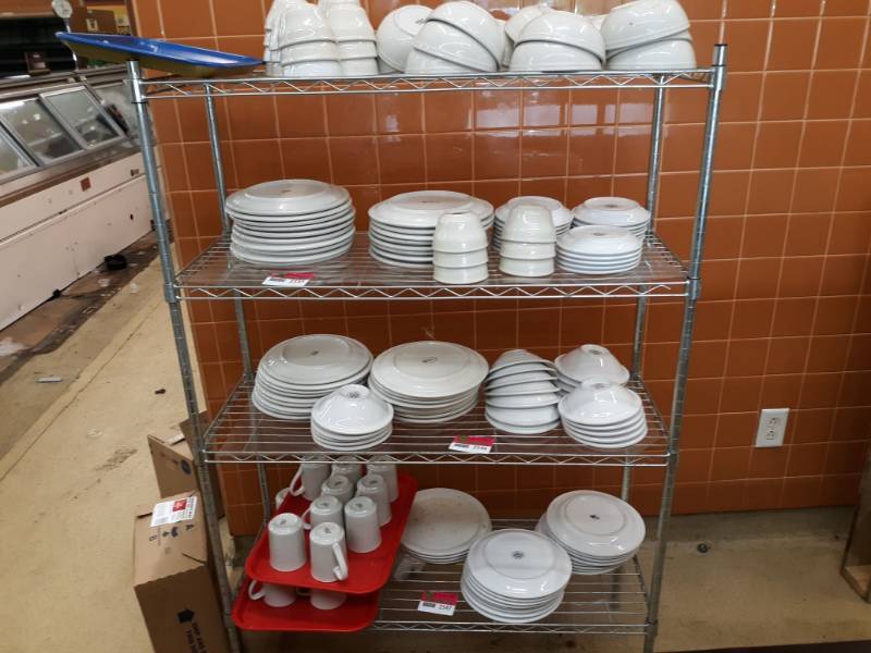 lot 2547 image: Metro Shelf with Contents of Shelf, Plates, and Coffee Cups