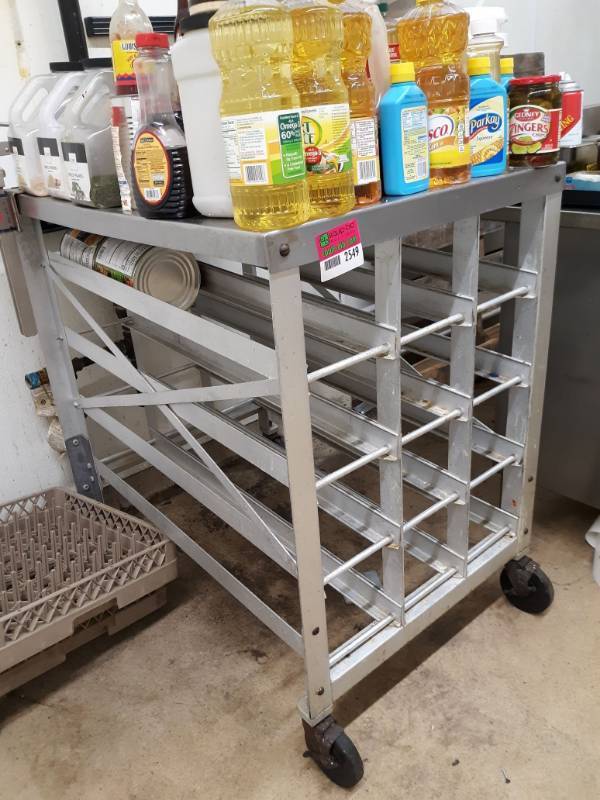 lot 2549 image: Rolling Aluminum Can Cart with Contents and Can Opener
