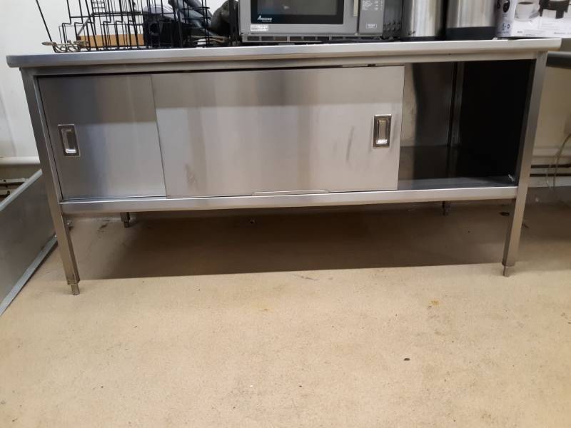 lot 2561 image: Stainless Steel Cabinet Work Table with Sliding Doors 72x36x27
