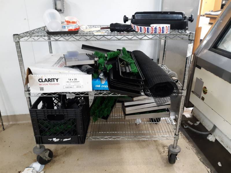 lot 2623 image: Rolling Metro Shelf 24x42x40 with Contents and water hose