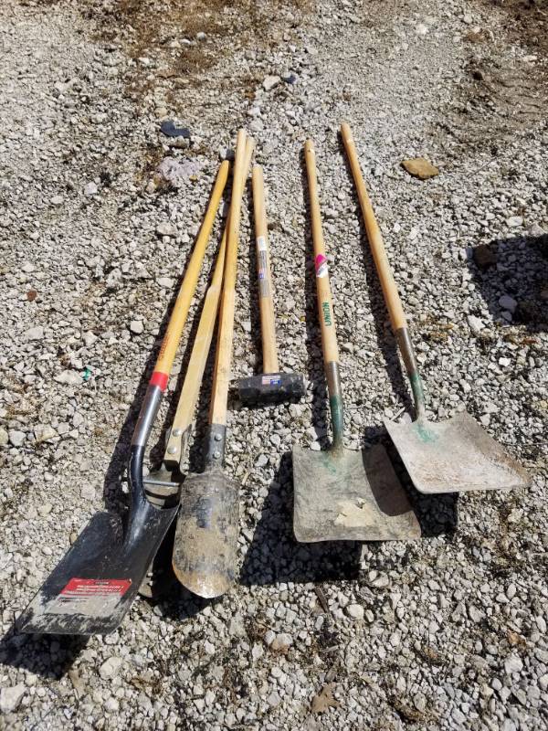 lot 1213 image: Shovels, Hole Digger, and Sledge Hammer