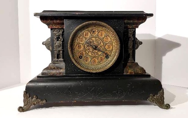 lot 1001 image: Antique E.N. Welch black 8 hour Mantel Clock - from 1800s