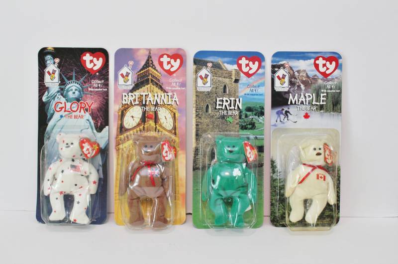 lot 1109 image: TY McDonalds International Bear Collection - entire set of 4 beanie babies in packaging.  Britannia, Erin, Maple and Glory