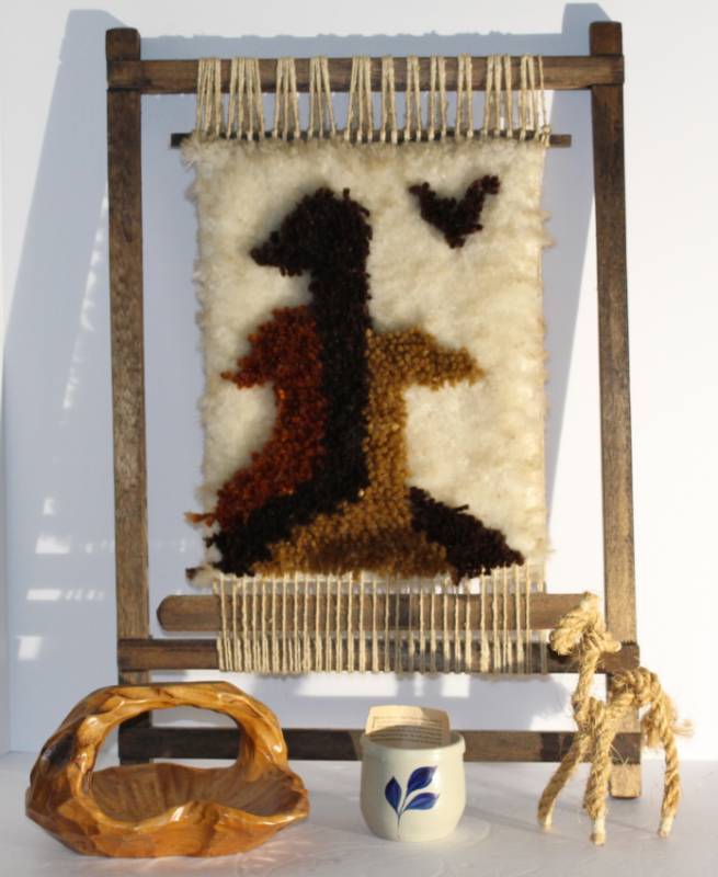 lot 1090 image: Loom Framed Knot Hanging, carved wood bowl, pottery, rope horse