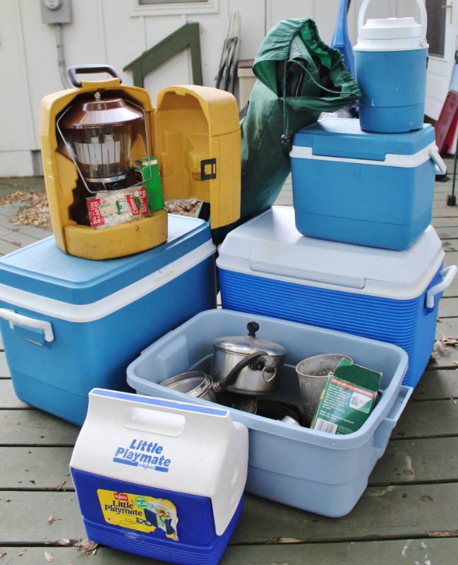 lot 1201 image: 8 piece Camping Lot coolers, lanterns, chair�.