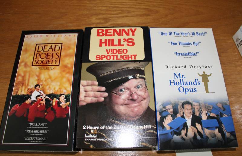 lot 1175 image: 3 VHS Dead Poets Society, Mr. Hollands Opus, Benny Hill and 3 new blank VHS