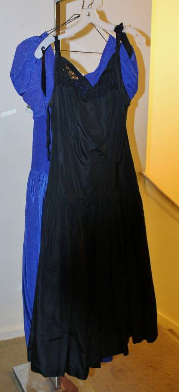 lot 1374 image: Two Retro 80s style dresses - Black with lace trim and Blue Taffeta