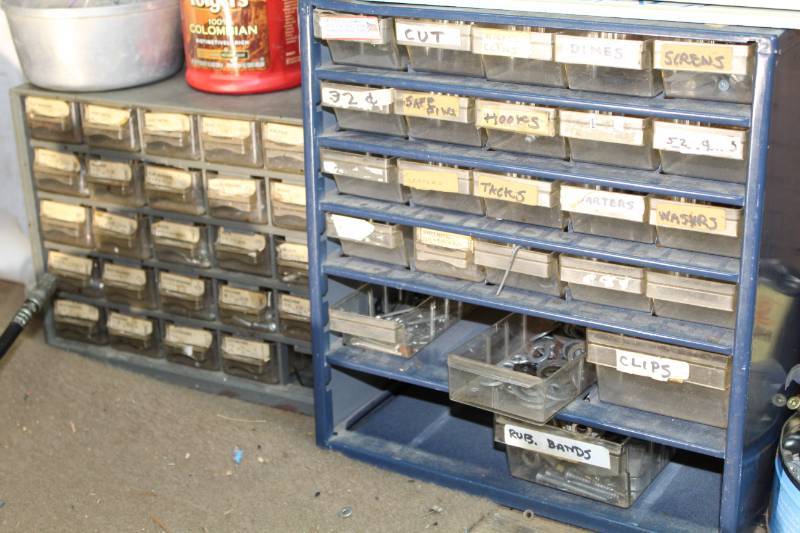 lot 1264 image: Hardware, Screws, Nails, Large Heavy Duty Stakes, Bolts, Washers and Variety of Garage Finds