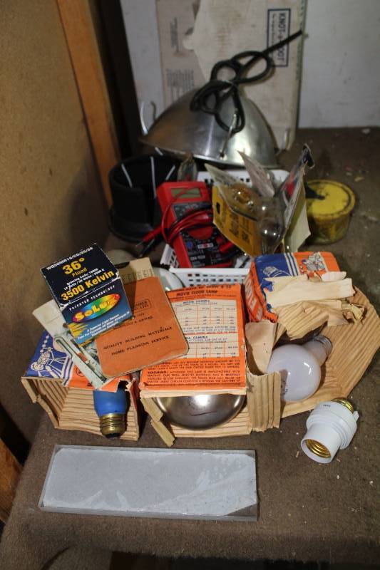 lot 1269 image: Animal Trap, Various Metal Strips, Rods, Etc, Various Lightbulbs, Digital Multimeter, Varios other Garage Finds