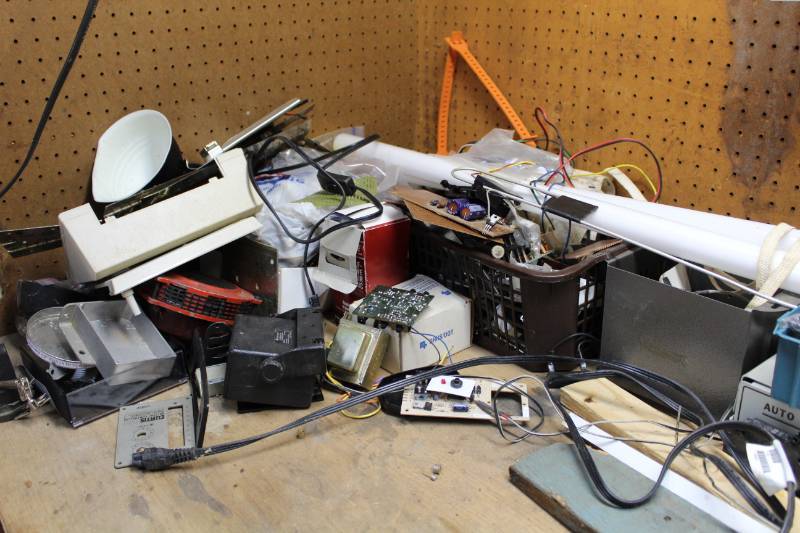 lot 1271 image: Garage Finds Incl. Idland Communications Extension Speaker, Old Car Parts, Numerous Electrical ItemsCordsFuses, Plant Hanger, Tons of Little Finds in this Lot