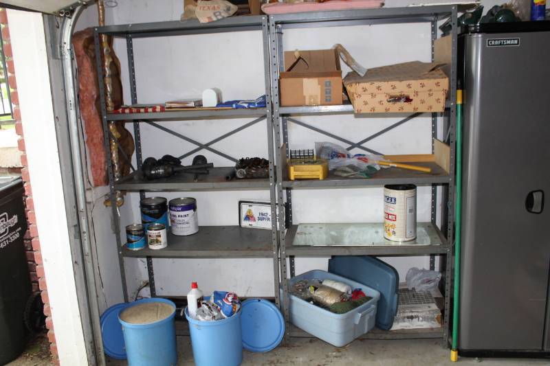 lot 1273 image: 2 Gray Metal Shelves with Contents