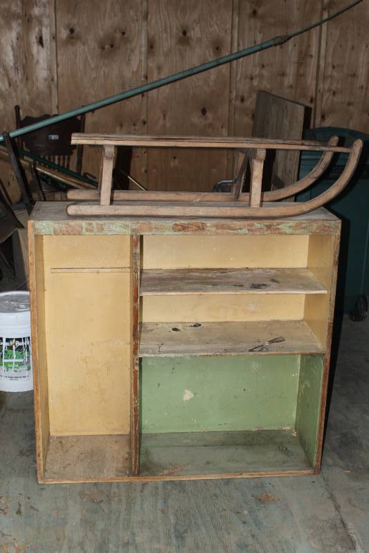 lot 1238 image: Antique wooden Sled and old wood shelf