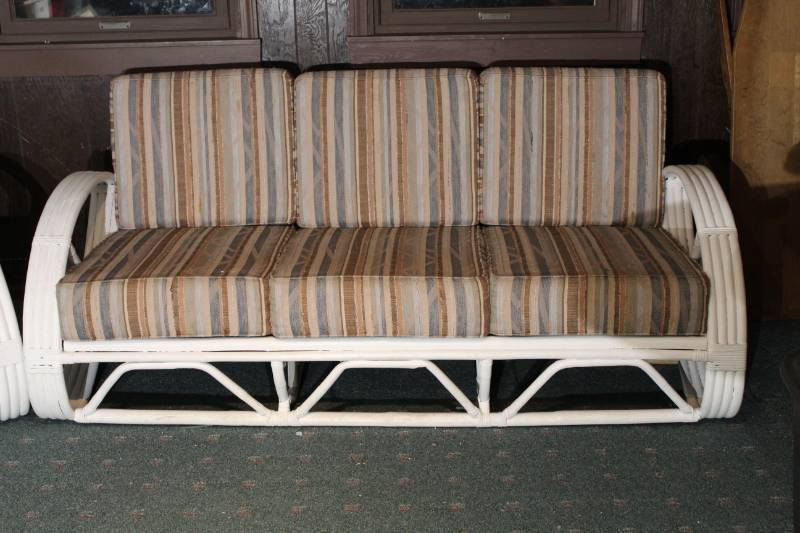 lot 1069 image: Full Pretzel Rattan Couch and Lounge Chairs from Hawaii - Four-Strand Mid Century Vintage
