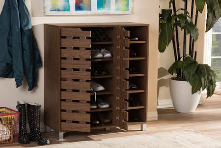 lot 5932 image: Shirley Modern and Contemporary 2 - Door Shoe Cabinet with Open Shelves - Walnut Brown - Baxton Studio