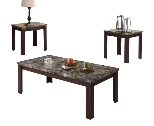 lot 5938 image: ACME Carly 3-Piece Pack CoffeeEnd Table Set, Faux Marble & Cherry