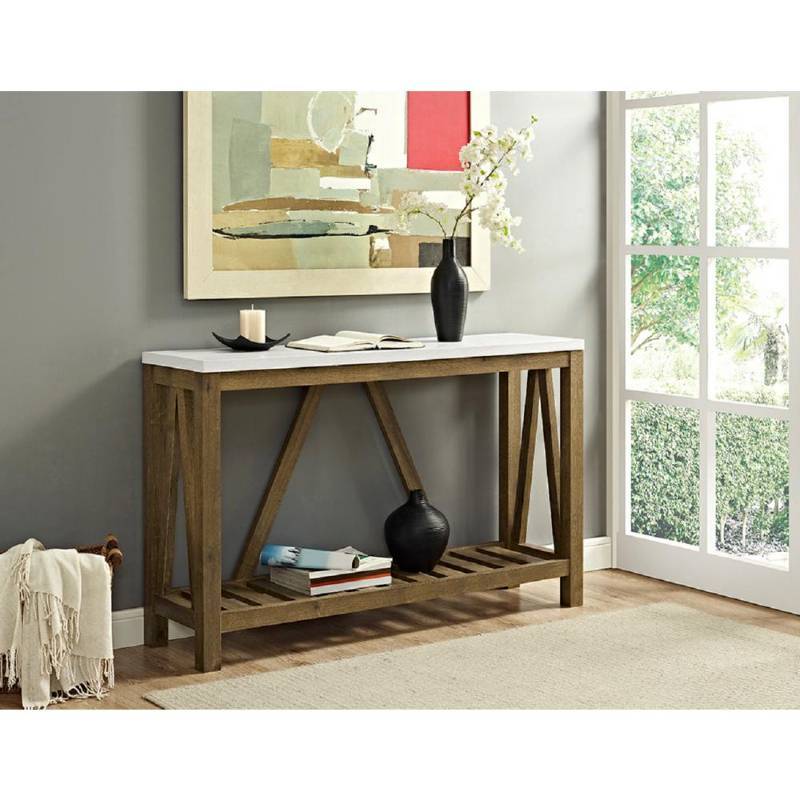 lot 5939 image: 52 in. A-Frame Rustic Entry Console Table in Marble and Walnut, MarbleBrown