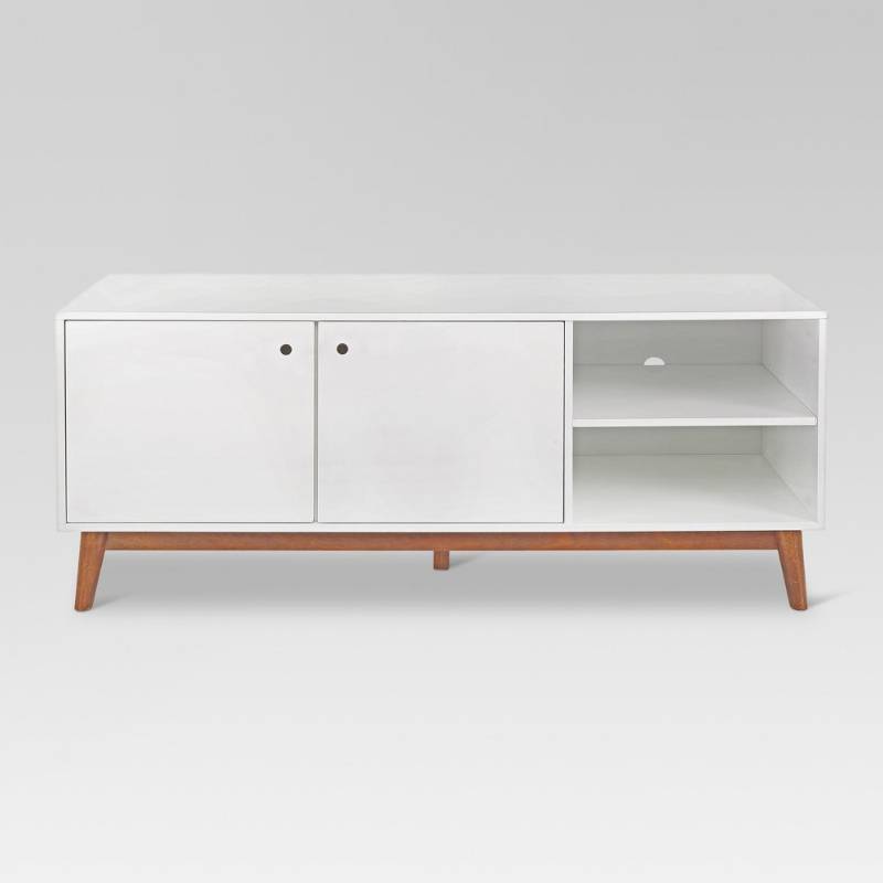 lot 5943 image: Porter Mid Century Modern Two-Tone TV Stand -WhiteBrown, WhiteBrown