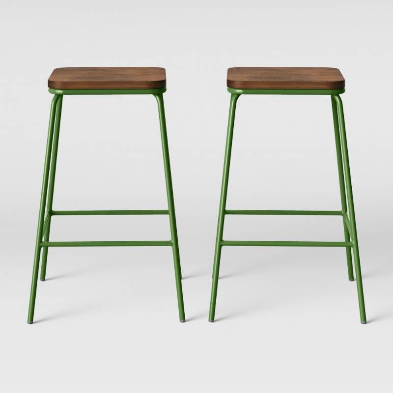 lot 5959 image: Set of 2 Rhodes MetalWood Counter Stool Green - Project 62