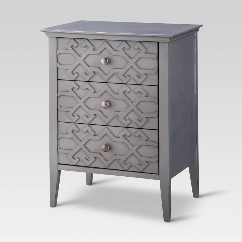 lot 6093 image: Accent Table Threshold 3 Drawer Fretwork Accent Table - Gray