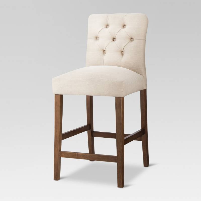 lot 5995 image: 24 Brookline Tufted Counter Stool - Chestnut Finish - Oyster - Threshold, OysterBrown