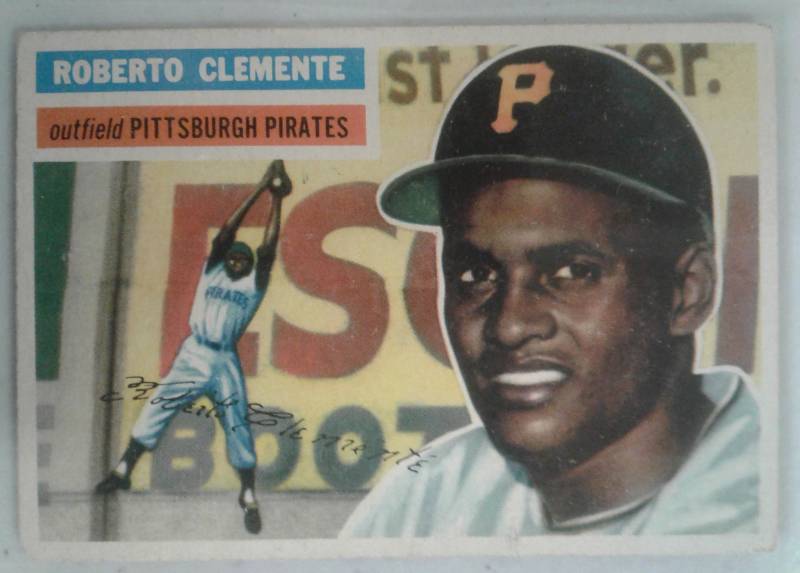 lot 1013 image: Original 1956 Topps Roberto Clemente 2nd Year Baseball Card Pittsburgh Pirates - Centered Nicely, No Creases - Book Value $600.00