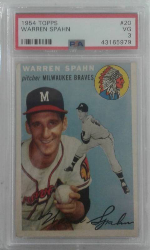 lot 1019 image: Professionally Graded PSA 3 Very Good 1954 Topps Warren Spahn Milwaukee Braves #20 Book Value $125.00