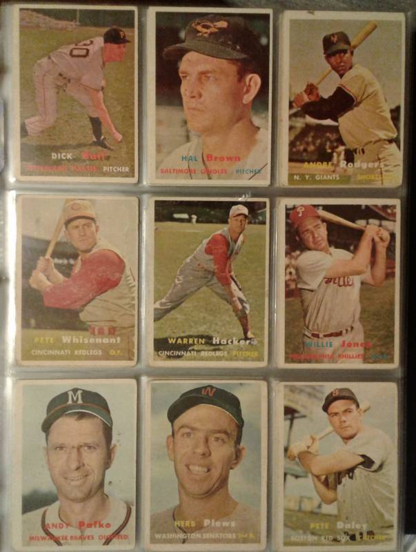 lot 1024 image: 139 Original 1957 Topps Baseball Trading Cards - High Book Value Over $1,000 - Condition Issues - All 139 Cards Shown in Photos