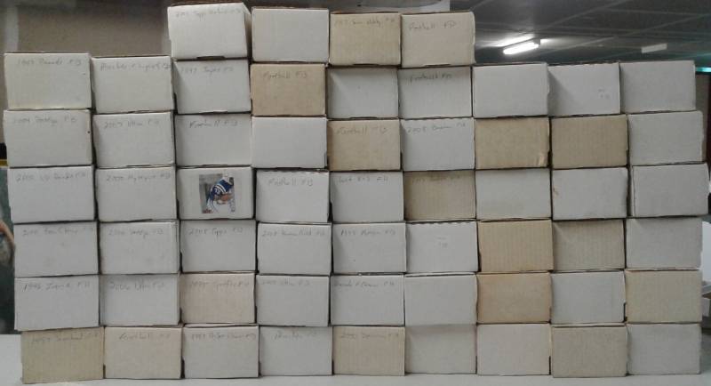 lot 1146 image: 58 Boxes of Random Football Cards - 10 Year Span 1995-2005 - Tom Bradys, Peyton Manning, & More - Many Labeled & Organized - ALL FOR ONE MONEY