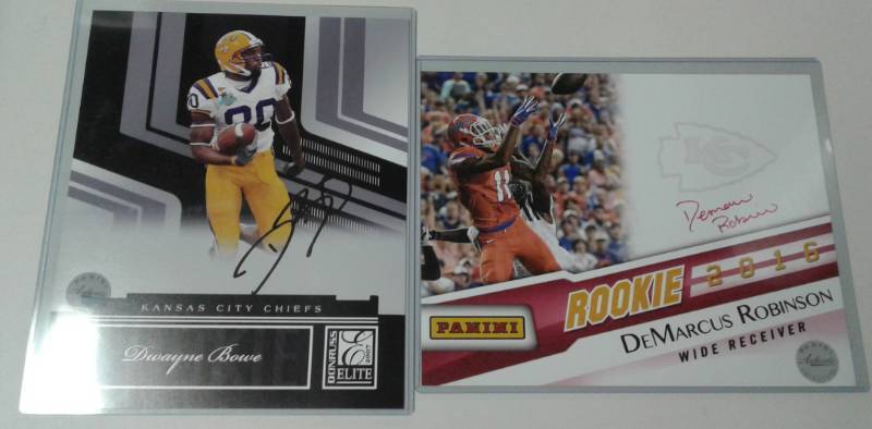 lot 1152 image: Two Signed Kansas City Chiefs 8x10 Football Rookie Cards - 2007 Elite Dwayne Bowe & 2016 DeMarcus Robinson - Both with Panini Authentication