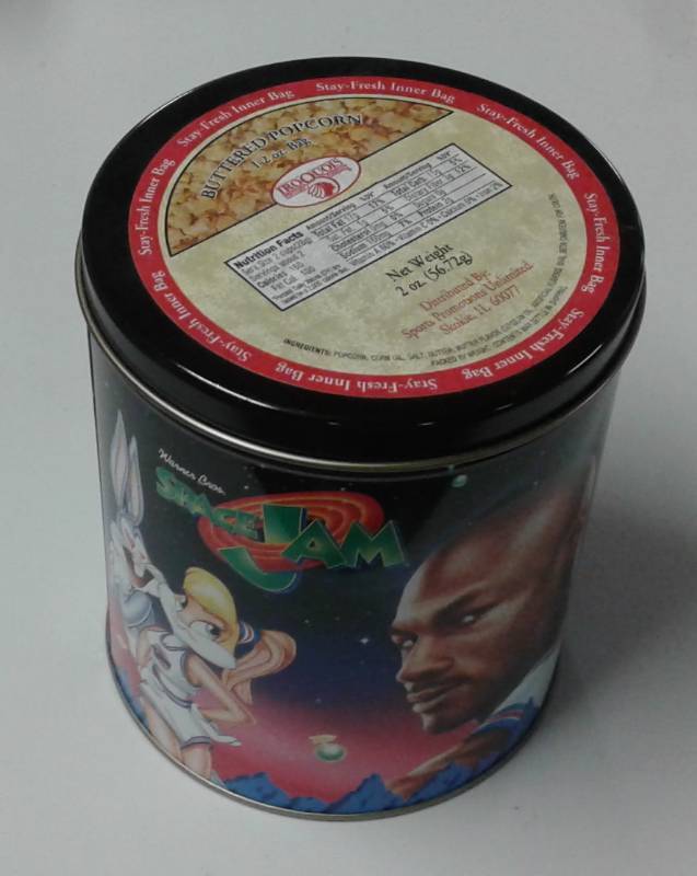 lot 1155 image: Original 1996 Looney Tunes - Michael Jordan Space Jam Tin Can Bugs Bunny - Even Has Original Unopened Popcorn