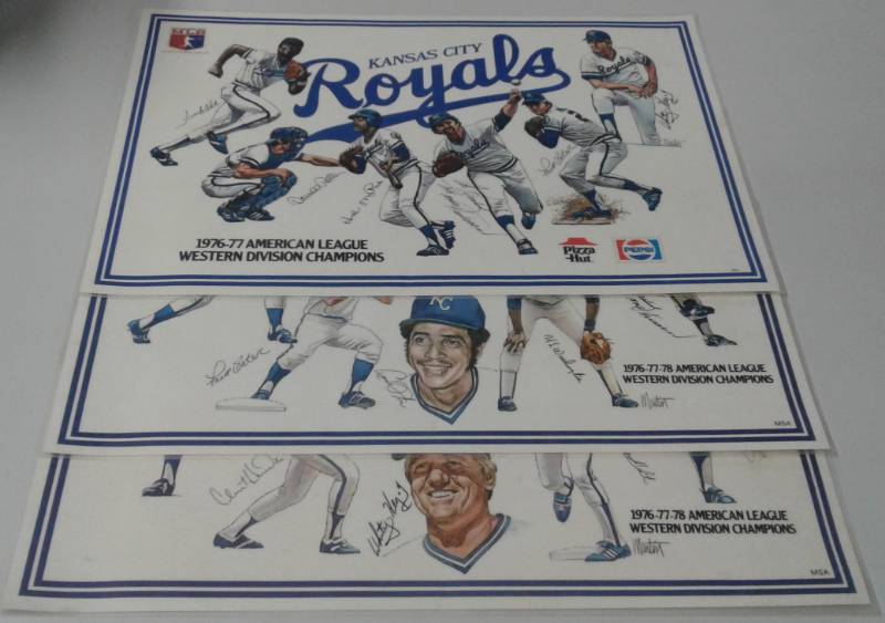 lot 1157 image: Three Vintage 1970s Kansas City Royals Pizza Hut Place Mats Commemorating 76-77-78 Western Division Championships