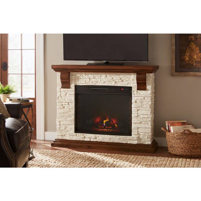 lot 6792 image: Home Decorators Collection Highland 50 in. Media Console with Faux Stone Electric Fireplace TV Stand in Rustic White-112258 - The Home Depot