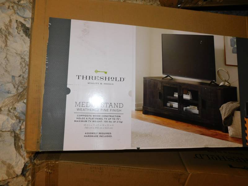 threshold weathered pine tv stand