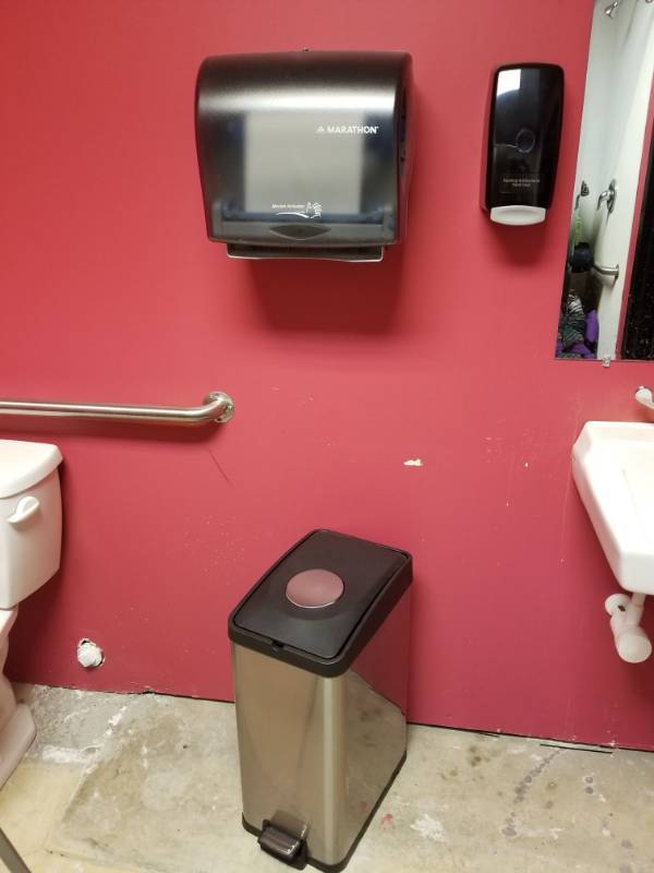 lot 1774 image: Trash Can, Paper Towel Machine, and Soap Dispenser