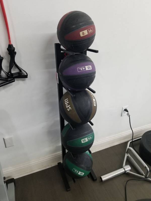 lot 1832 image: Medicine Ball Rack With 18lbs, 25lbs, 10lb, and 8 lb Balls