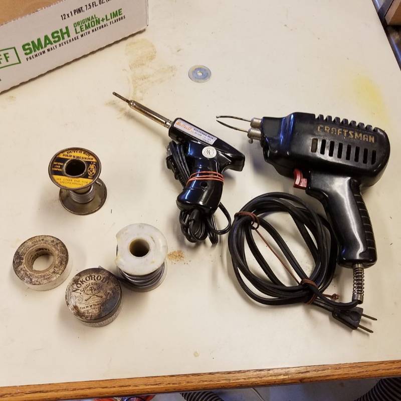 lot 7071 image: solder gun and solder - tip is burnt off soldering gun
