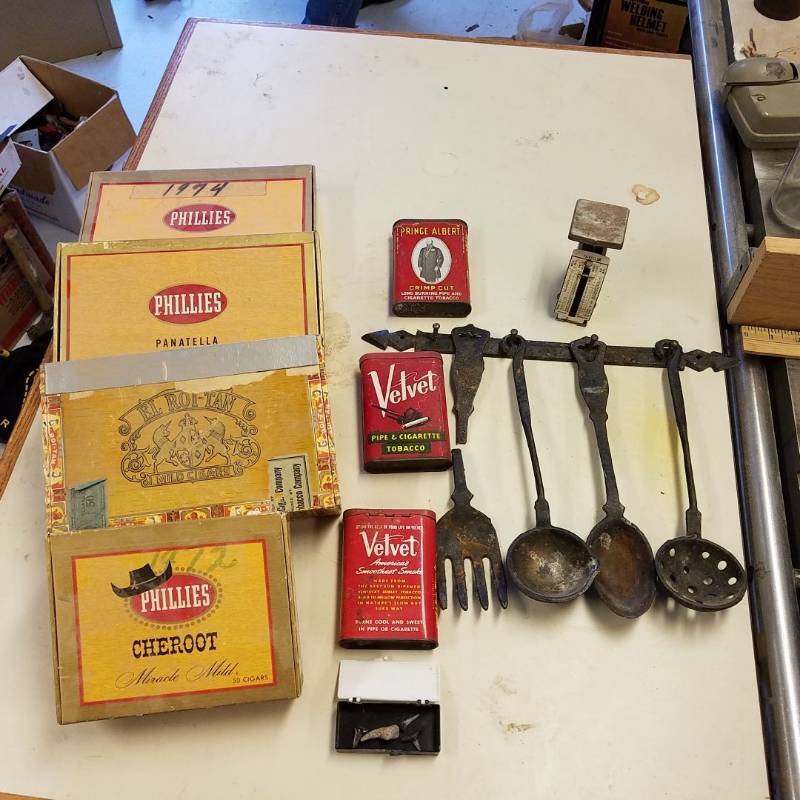 lot 7081 image: assorted primitive - cigar boxes, cigarette cans, scale, and utensils
