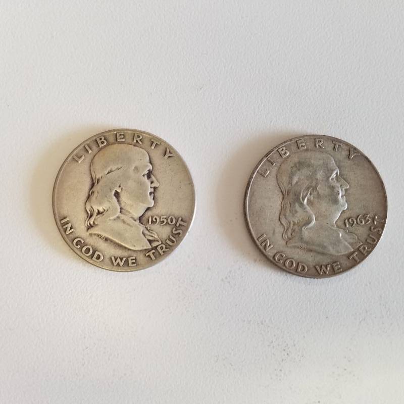 lot 7185 image: 2 Franklin half dollars - 1950 D, 1963 D