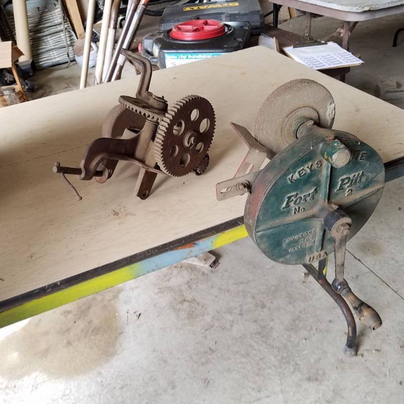 lot 7255 image: Keystone Fort Pitt number 2 clamp-on grinder and sickle grinder -locked up