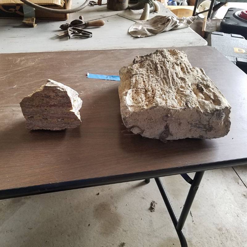 lot 7275 image: piece of petrified wood and a rock polished on one side